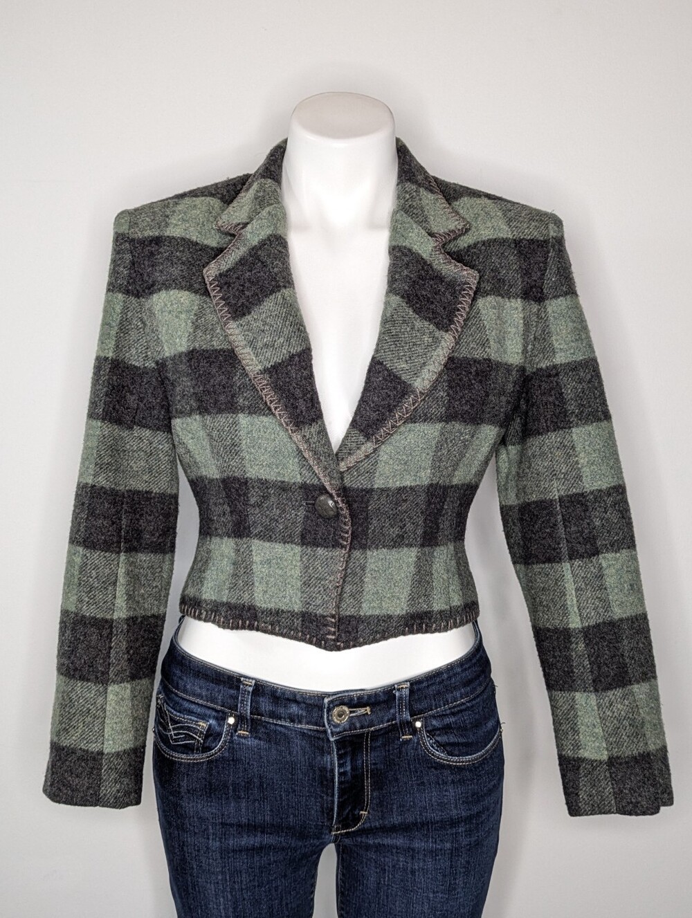 Vintage Tina Hagen Green Grey Plaid Checker Cropped Wool Jacket S